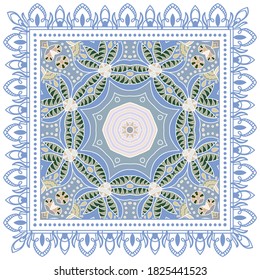 Decorative colorful ornament on white background, symmetric pattern with doodle lace frame. Tribal ethnic mandala decor. Bandana shawl, hijab, tablecloth fabric print, silk neck scarf, kerchief design