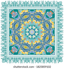 Decorative colorful ornament on white background, symmetric pattern with doodle lace frame. Tribal ethnic mandala decor. Bandana shawl, hijab, tablecloth fabric print, silk neck scarf, kerchief design