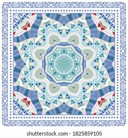 Decorative colorful ornament on white background, symmetric pattern with doodle lace frame. Tribal ethnic mandala decor. Bandana shawl, hijab, tablecloth fabric print, silk neck scarf, kerchief design