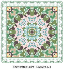 Decorative colorful ornament on white background, symmetric pattern with doodle lace frame. Tribal ethnic mandala decor. Bandana shawl, hijab, tablecloth fabric print, silk neck scarf, kerchief design