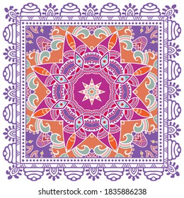 Decorative colorful ornament on white background, symmetric pattern with doodle lace frame. Tribal ethnic mandala decor. Bandana shawl, hijab, tablecloth fabric print, silk neck scarf, kerchief design