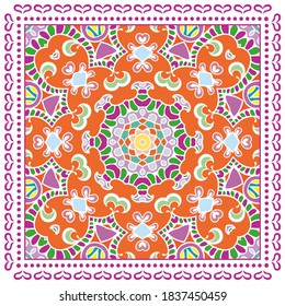 Decorative colorful ornament on white background, symmetric pattern with doodle lace frame. Tribal ethnic mandala decor. Bandana shawl, hijab, tablecloth fabric print, silk neck scarf, kerchief design