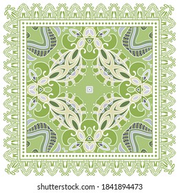 Decorative colorful ornament on white background, symmetric pattern with doodle lace frame. Tribal ethnic mandala decor. Bandana shawl, hijab, tablecloth fabric print, silk neck scarf, kerchief design