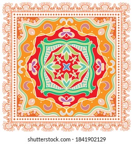 Decorative colorful ornament on white background, symmetric pattern with doodle lace frame. Tribal ethnic mandala decor. Bandana shawl, hijab, tablecloth fabric print, silk neck scarf, kerchief design