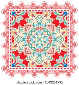 Decorative colorful ornament on white background, symmetric pattern with doodle lace frame. Tribal ethnic mandala decor. Bandana shawl, hijab, tablecloth fabric print, silk neck scarf, kerchief design