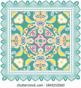 Decorative colorful ornament on white background, symmetric pattern with doodle lace frame. Tribal ethnic mandala decor. Bandana shawl, hijab, tablecloth fabric print, silk neck scarf, kerchief design