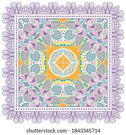 Decorative colorful ornament on white background, symmetric pattern with doodle lace frame. Tribal ethnic mandala decor. Bandana shawl, hijab, tablecloth fabric print, silk neck scarf, kerchief design