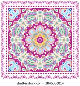 Decorative colorful ornament on white background, symmetric pattern with doodle lace frame. Tribal ethnic mandala decor. Bandana shawl, hijab, tablecloth fabric print, silk neck scarf, kerchief design
