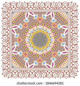 Decorative colorful ornament on white background, symmetric pattern with doodle lace frame. Tribal ethnic mandala decor. Bandana shawl, hijab, tablecloth fabric print, silk neck scarf, kerchief design