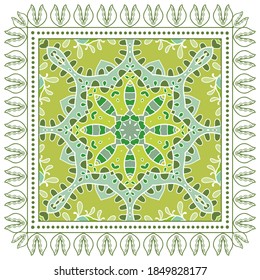 Decorative colorful ornament on white background, symmetric pattern with doodle lace frame. Tribal ethnic mandala decor. Bandana shawl, hijab, tablecloth fabric print, silk neck scarf, kerchief design