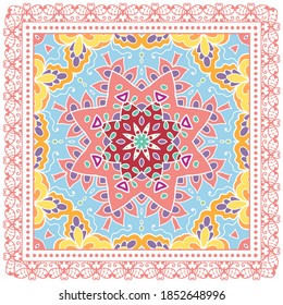 Decorative colorful ornament on white background, symmetric pattern with doodle lace frame. Tribal ethnic mandala decor. Bandana shawl, hijab, tablecloth fabric print, silk neck scarf, kerchief design