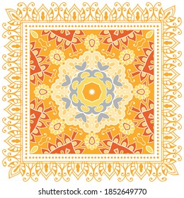 Decorative colorful ornament on white background, symmetric pattern with doodle lace frame. Tribal ethnic mandala decor. Bandana shawl, hijab, tablecloth fabric print, silk neck scarf, kerchief design