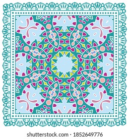 Decorative colorful ornament on white background, symmetric pattern with doodle lace frame. Tribal ethnic mandala decor. Bandana shawl, hijab, tablecloth fabric print, silk neck scarf, kerchief design