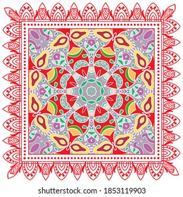 Decorative colorful ornament on white background, symmetric pattern with doodle lace frame. Tribal ethnic mandala decor. Bandana shawl, hijab, tablecloth fabric print, silk neck scarf, kerchief design