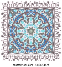 Decorative colorful ornament on white background, symmetric pattern with doodle lace frame. Tribal ethnic mandala decor. Bandana shawl, hijab, tablecloth fabric print, silk neck scarf, kerchief design