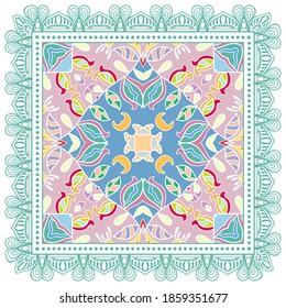 Decorative colorful ornament on white background, symmetric pattern with doodle lace frame. Tribal ethnic mandala decor. Bandana shawl, hijab, tablecloth fabric print, silk neck scarf, kerchief design