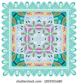 Decorative colorful ornament on white background, symmetric pattern with doodle lace frame. Tribal ethnic mandala decor. Bandana shawl, hijab, tablecloth fabric print, silk neck scarf, kerchief design