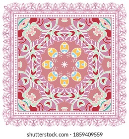 Decorative colorful ornament on white background, symmetric pattern with doodle lace frame. Tribal ethnic mandala decor. Bandana shawl, hijab, tablecloth fabric print, silk neck scarf, kerchief design