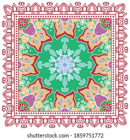 Decorative colorful ornament on white background, symmetric pattern with doodle lace frame. Tribal ethnic mandala decor. Bandana shawl, hijab, tablecloth fabric print, silk neck scarf, kerchief design