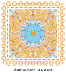 Decorative colorful ornament on white background, symmetric pattern with doodle lace frame. Tribal ethnic mandala decor. Bandana shawl, hijab, tablecloth fabric print, silk neck scarf, kerchief design