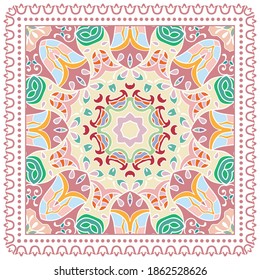 Decorative colorful ornament on white background, symmetric pattern with doodle lace frame. Tribal ethnic mandala decor. Bandana shawl, hijab, tablecloth fabric print, silk neck scarf, kerchief design