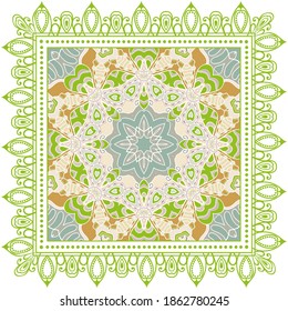 Decorative colorful ornament on white background, symmetric pattern with doodle lace frame. Tribal ethnic mandala decor. Bandana shawl, hijab, tablecloth fabric print, silk neck scarf, kerchief design