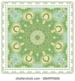 Decorative colorful ornament on white background, symmetric pattern with doodle lace frame. Tribal ethnic mandala decor. Bandana shawl, hijab, tablecloth fabric print, silk neck scarf, kerchief design
