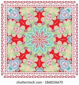 Decorative colorful ornament on white background, symmetric pattern with doodle lace frame. Tribal ethnic mandala decor. Bandana shawl, hijab, tablecloth fabric print, silk neck scarf, kerchief design