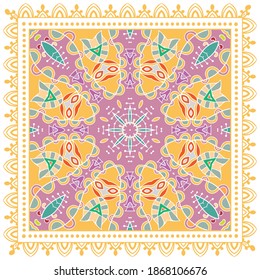 Decorative colorful ornament on white background, symmetric pattern with doodle lace frame. Tribal ethnic mandala decor. Bandana shawl, hijab, tablecloth fabric print, silk neck scarf, kerchief design