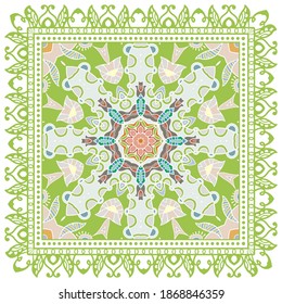 Decorative colorful ornament on white background, symmetric pattern with doodle lace frame. Tribal ethnic mandala decor. Bandana shawl, hijab, tablecloth fabric print, silk neck scarf, kerchief design