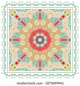 Decorative colorful ornament on white background, symmetric pattern with doodle lace frame. Tribal ethnic mandala decor. Bandana shawl, hijab, tablecloth fabric print, silk neck scarf, kerchief design