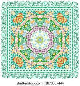 Decorative colorful ornament on white background, symmetric pattern with doodle lace frame. Tribal ethnic mandala decor. Bandana shawl, hijab, tablecloth fabric print, silk neck scarf, kerchief design