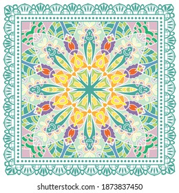 Decorative colorful ornament on white background, symmetric pattern with doodle lace frame. Tribal ethnic mandala decor. Bandana shawl, hijab, tablecloth fabric print, silk neck scarf, kerchief design