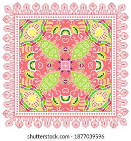Decorative colorful ornament on white background, symmetric pattern with doodle lace frame. Tribal ethnic mandala decor. Bandana shawl, hijab, tablecloth fabric print, silk neck scarf, kerchief design