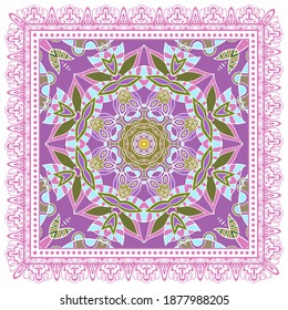 Decorative colorful ornament on white background, symmetric pattern with doodle lace frame. Tribal ethnic mandala decor. Bandana shawl, hijab, tablecloth fabric print, silk neck scarf, kerchief design