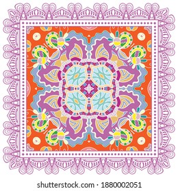 Decorative colorful ornament on white background, symmetric pattern with doodle lace frame. Tribal ethnic mandala decor. Bandana shawl, hijab, tablecloth fabric print, silk neck scarf, kerchief design