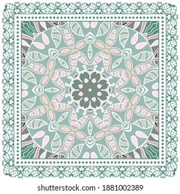 Decorative colorful ornament on white background, symmetric pattern with doodle lace frame. Tribal ethnic mandala decor. Bandana shawl, hijab, tablecloth fabric print, silk neck scarf, kerchief design