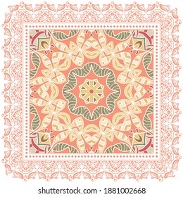 Decorative colorful ornament on white background, symmetric pattern with doodle lace frame. Tribal ethnic mandala decor. Bandana shawl, hijab, tablecloth fabric print, silk neck scarf, kerchief design