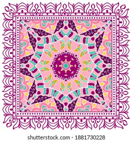 Decorative colorful ornament on white background, symmetric pattern with doodle lace frame. Tribal ethnic mandala decor. Bandana shawl, hijab, tablecloth fabric print, silk neck scarf, kerchief design