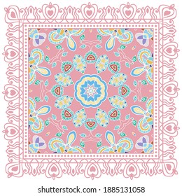 Decorative colorful ornament on white background, symmetric pattern with doodle lace frame. Tribal ethnic mandala decor. Bandana shawl, hijab, tablecloth fabric print, silk neck scarf, kerchief design
