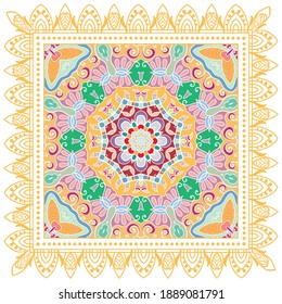 Decorative colorful ornament on white background, symmetric pattern with doodle lace frame. Tribal ethnic mandala decor. Bandana shawl, hijab, tablecloth fabric print, silk neck scarf, kerchief design