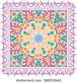 Decorative colorful ornament on white background, symmetric pattern with doodle lace frame. Tribal ethnic mandala decor. Bandana shawl, hijab, tablecloth fabric print, silk neck scarf, kerchief design