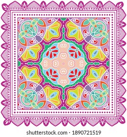 Decorative colorful ornament on white background, symmetric pattern with doodle lace frame. Tribal ethnic mandala decor. Bandana shawl, hijab, tablecloth fabric print, silk neck scarf, kerchief design