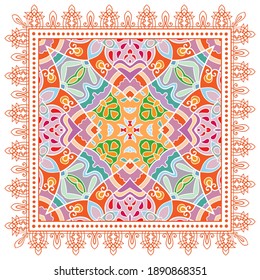 Decorative colorful ornament on white background, symmetric pattern with doodle lace frame. Tribal ethnic mandala decor. Bandana shawl, hijab, tablecloth fabric print, silk neck scarf, kerchief design