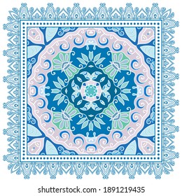Decorative colorful ornament on white background, symmetric pattern with doodle lace frame. Tribal ethnic mandala decor. Bandana shawl, hijab, tablecloth fabric print, silk neck scarf, kerchief design