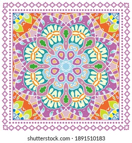 Decorative colorful ornament on white background, symmetric pattern with doodle lace frame. Tribal ethnic mandala decor. Bandana shawl, hijab, tablecloth fabric print, silk neck scarf, kerchief design