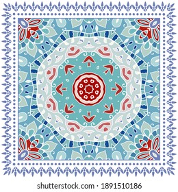 Decorative colorful ornament on white background, symmetric pattern with doodle lace frame. Tribal ethnic mandala decor. Bandana shawl, hijab, tablecloth fabric print, silk neck scarf, kerchief design