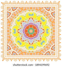 Decorative colorful ornament on white background, symmetric pattern with doodle lace frame. Tribal ethnic mandala decor. Bandana shawl, hijab, tablecloth fabric print, silk neck scarf, kerchief design