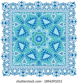 Decorative colorful ornament on white background, symmetric pattern with doodle lace frame. Tribal ethnic mandala decor. Bandana shawl, hijab, tablecloth fabric print, silk neck scarf, kerchief design