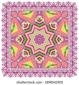 Decorative colorful ornament on white background, symmetric pattern with doodle lace frame. Tribal ethnic mandala decor. Bandana shawl, hijab, tablecloth fabric print, silk neck scarf, kerchief design